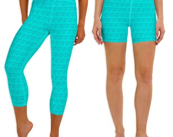 Turquoise Dog Print Leggings: Women's Capri Workout Clothes