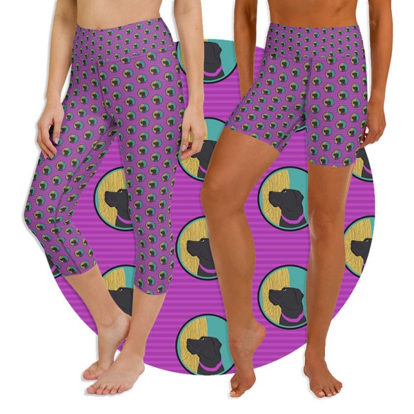 Black Lab Dog Print Capri Leggings and Shorts in Purple, Turqoise and Black, Perfect for Mother’s Day, Zumba, Yoga, Lounging