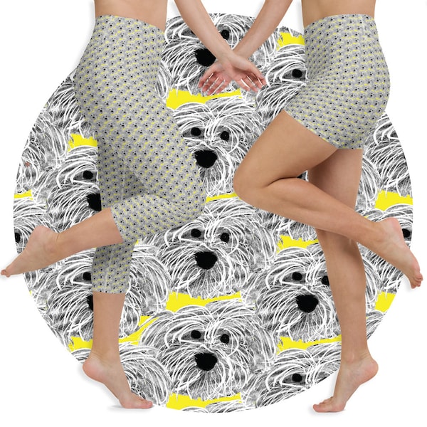 Havanese Dog Capri Leggings and Shorts in Yellow and Grey, Perfect for Zumba, Yoga, Lounging 