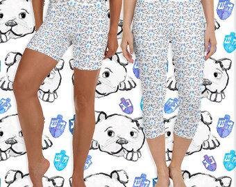 Hanukkah Bulldog Capri Leggings: Blue Dreidel Yoga Pants