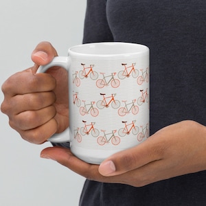 Bicycle Print Coffee Mug in Orange and Tan, Great Gift for Cyclists and Bike Lovers