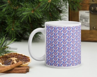 Flower Design Mug Gift, Purple and Blue Floral Coffee Cup, Tulip Patterned Gift
