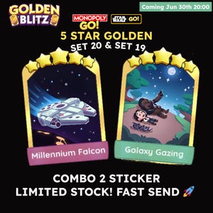 Adesivo Monopoly GO Millennium Falcon e Galaxy Gazing Adesivo 5 Estrelas Evento Golden Blizt Star Wars Go Conjunto 20 e Conjunto 19 Download instantâneo