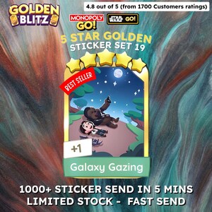Monopoly Go Galaxy Gazing 5-Sterne Aufkleber – Set 19 – Golden Blitz – Seltenes Fundstück – Begrenzt verfügbar