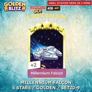 Monopoly Go – Millennium Falcon – 5 sterren – Set 20 Golden Blitz-stickers – Flash-deal – Zeldzame kaart – Beperkte voorraad