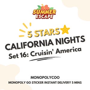 California Nights – Adesivo Monopoly Go – 5 estrelas – Escapada de verão – 50% de desconto – Entrega rápida – Estoque limitado – Novo lançamento