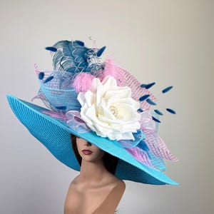 Unique Blue Wide-Brim Straw Fascinator Church Or Derby Hat with Floral Accent Blue Derby Hat White Flower - Etsy main image 3