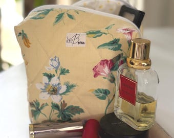 Medium Quilted Cotton Makeup Bag, Floral Travel Toiletry Case, Preloved Fabric Zipper Pouch