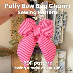 Puffy Bow Bag Charm Sewing Pattern PDF, Beginner Friendly Scrap Fabric Project, Bow Keychain Digital Download and Video Tutorial