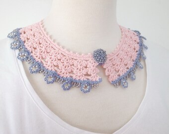 Crochet Lace Collar (Beaded Lace Collar II-c), pink, blue