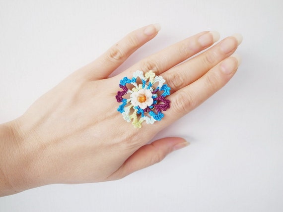 Irish Crochet Lace Jewelry (Cosmos I-a) Fiber Jewelry, Statement Ring, Crochet Ring