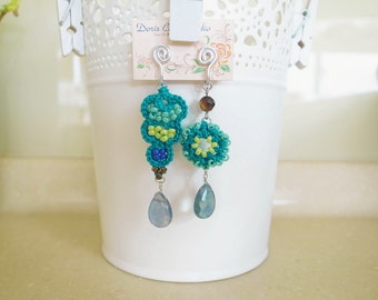 Crochet Lace Jewelry (Lace Fantasia 3-b) Fiber Jewelry, Clip Earrings, Crochet Earrings, Gemstone, Ring Set