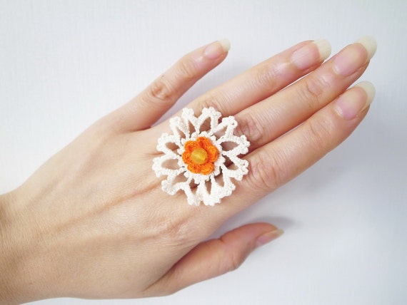Irish Crochet Lace Jewelry cosmos I-a Fiber Jewelry, Statement Ring,  Crochet Ring 