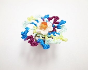 Irish Crochet Lace Jewelry (Cosmos I-b) Fiber Jewelry, Statement Ring, Crochet Ring, Gemstone