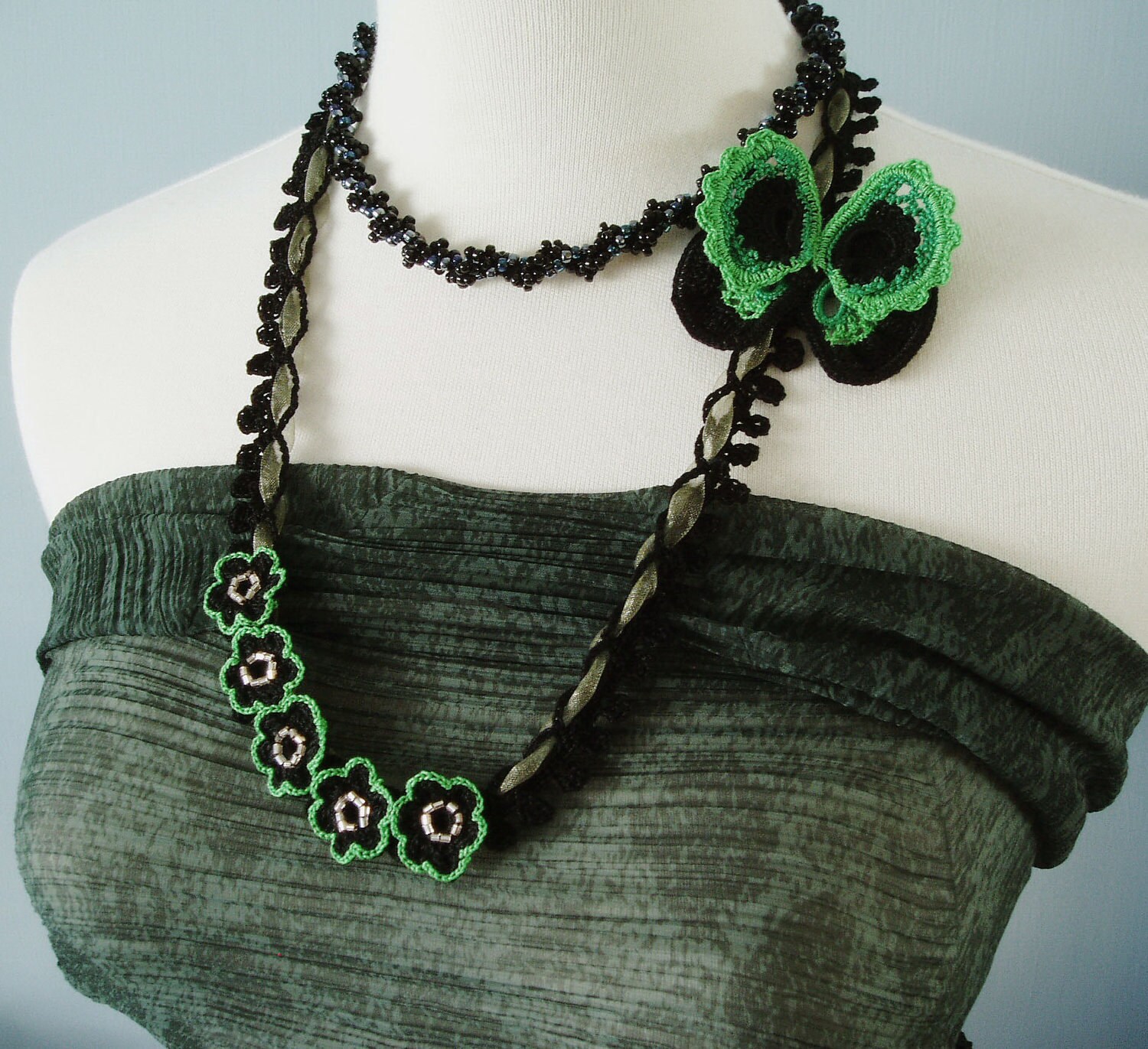 Irish Crochet Lace Jewelry butterfly Fiber Art Necklace, Double
