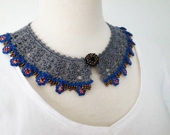 Crochet Lace Collar (Beaded Lace Collar II-a), gray, blue, brown