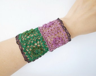 Crochet Lace Jewelry (Lace Fantasia III-b) Fiber Jewelry, Wide Bracelet, Crochet Bracelet