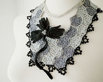 Irish Crochet Lace Jewelry (Grape Vine) Bib Necklace, Fiber Art Necklace, Statement Necklace, Crochet Necklace