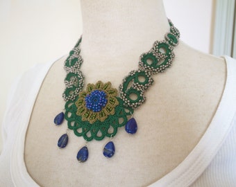 Irish Crochet Lace Jewelry (Archaic Beauty 2-b) Fiber Art Necklace, Bib Necklace, Statement Necklace,Crochet Necklace