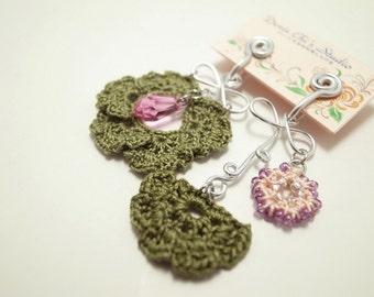 Crochet Lace Jewelry (Flower Field II-c) Fiber Jewelry, Clip Earrings,Crochet Earrings