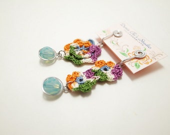 Irish Crochet Lace Jewelry (Flowers II-e) Crochet Earrings, Fiber Jewelry, Clip Earrings