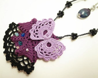 Irish Crochet Lace Jewelry (Irish Love 7-a) Fiber Art Necklace, Crochet Necklace, Double Necklace, Gemstone