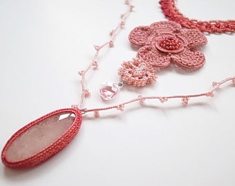 Irish Crochet Lace Jewelry (Beryl Love II) Crochet Necklace,Fiber Art Necklace, Statement Necklace, Gemstone