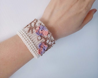 Crochet Lace Jewelry (Butterfly 3-a) Fiber Jewelry, Wide Bracelet, Crochet Bracelet