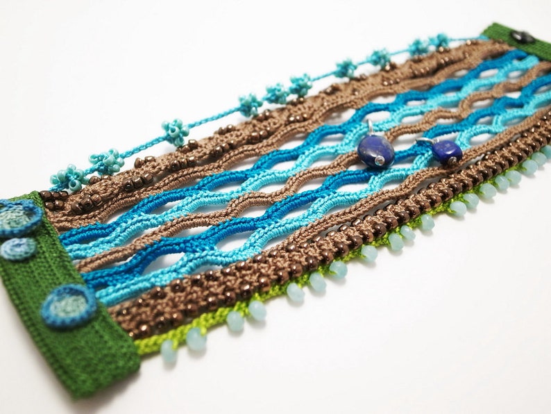 Crochet Lace Jewelry Boho Chic 2-a Fiber Art Jewelry, Wide Bracelet, Crochet Bracelet, Gemstone image 5