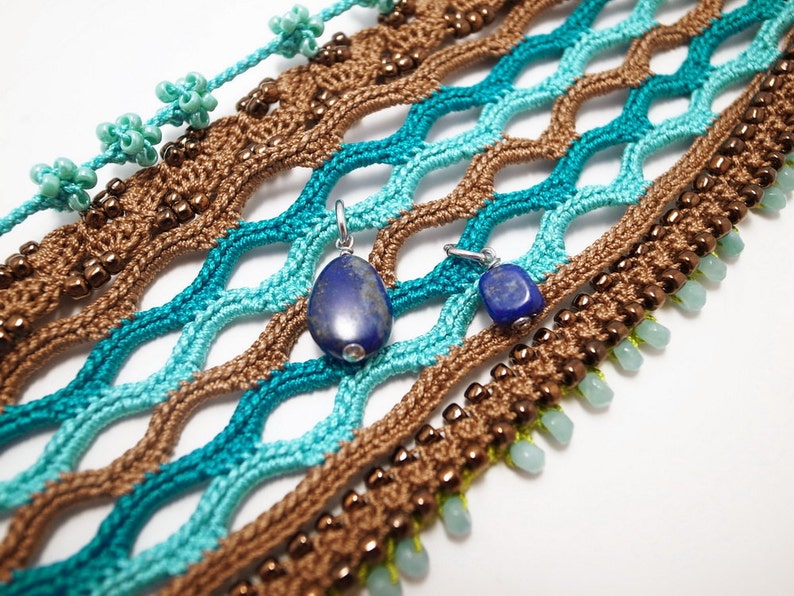 Crochet Lace Jewelry Boho Chic 2-a Fiber Art Jewelry, Wide Bracelet, Crochet Bracelet, Gemstone image 4