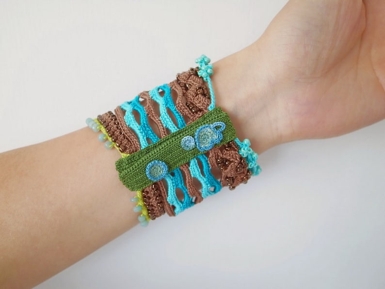 Crochet Lace Jewelry Boho Chic 2-a Fiber Art Jewelry, Wide Bracelet, Crochet Bracelet, Gemstone image 2