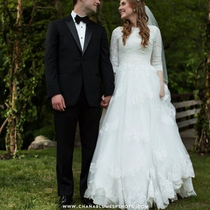 Modest Wedding Dress with Sleeves and French Lace Bodice English Net Skirt by Award Winning Bridal Salon in Teaneck, NJ