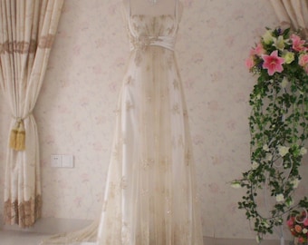 Vintage Inspired Wedding Dress with Light Gold Lace and Charmeuse Empire Waist Style