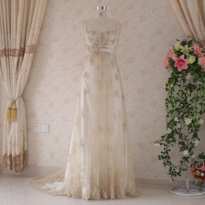 Vintage Inspired Wedding Dress with Light Gold Lace and Charmeuse Empire Waist Style