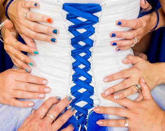 Sensational Blue and White Custom Designed Wedding Dress, Blue Bridal Gown