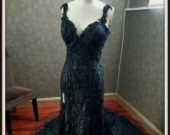 Sensational Black Wedding Dress with Intricate Hand Sewn Beading