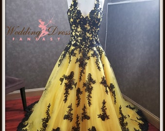 Stunning Yellow and Black Wedding Dress with Yellow Tulle and Black Lace in Halter Style Top