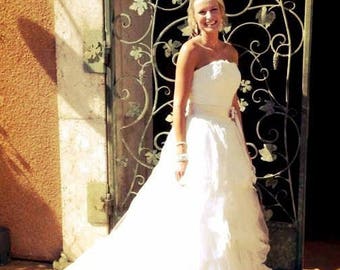 Rustic Wedding Dress Handmade to Your Measurements with French Lace and Sash featuring Stunning Train