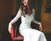 Chantilly Lace Wedding Dress, Lace Wedding Dress with Long Sleeves, Plunging Back Lace Wedding Dress, Vintage Inspired Lace Wedding Dress