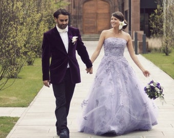 lilac and white wedding dress