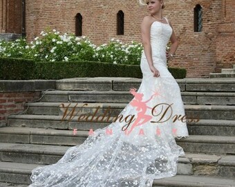 Lace Wedding Dress with One Shoulder Strap Stunning Flowing Chapel Train by Award Winning Bridal Salon