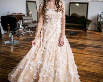 3D Flower Wedding Dress Bridal Gown with Sleeves