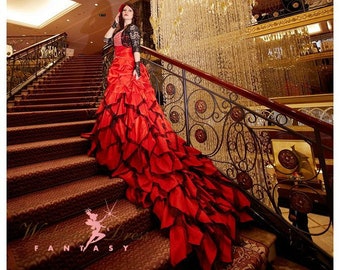 Stunning Red Wedding Dress Alternative Offbeat Gothic Bridal Gown with Stunning Long Train from Award Winning Wedding Dress Fantasy