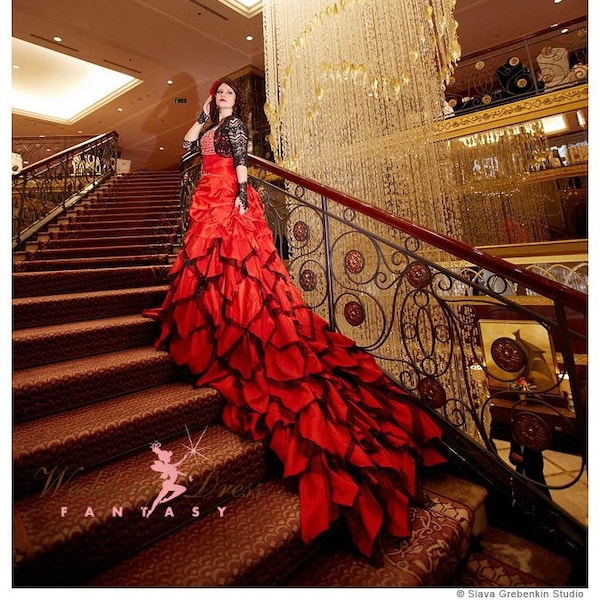 Stunning Red Wedding Dress Alternative Offbeat Gothic Bridal Gown with Stunning Long Train from Award Winning Wedding Dress Fantasy