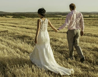 Guipure Lace Wedding Dress with Straps and illusion back