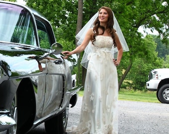 Beautiful Vintage Inspired Gatsby Wedding Gown with Charmeuse and Lace overlay Empire Waist by Award Winning Bridal Salon