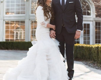 Stunning Modest Wedding Dress with Long Sleeves French Lace and Wave Organza by Award Winning Bridal Salon in Teaneck, NJ