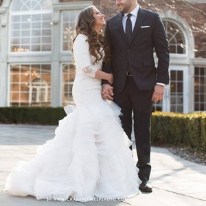 Stunning Modest Wedding Dress with Long Sleeves French Lace and Wave Organza by Award Winning Bridal Salon in Teaneck, NJ image 1