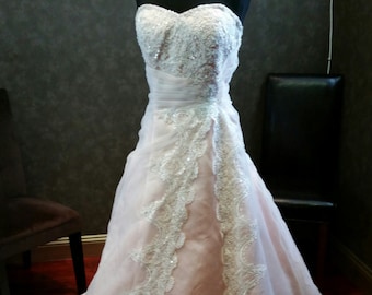 Peaches and Cream Slimming Wedding Dress with Organza and Lace Sweetheart Neckline by Award Winning Bridal Salon