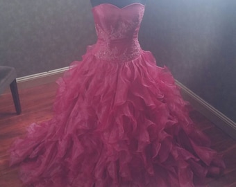 Dark Red Wedding Dress with Organza Ruffles and Beaded Lace Applique Ready to Ship